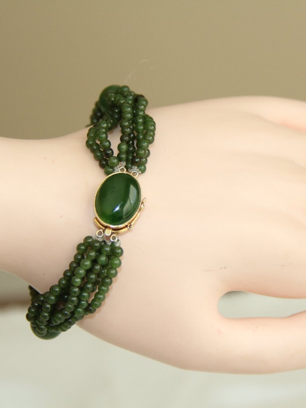 Jade and 18k Gold Bracelet. RARE Gorgeous 6-Stand Green Nephrite Jade